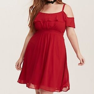 Torrid red chiffon ruffle cold-shoulder dress